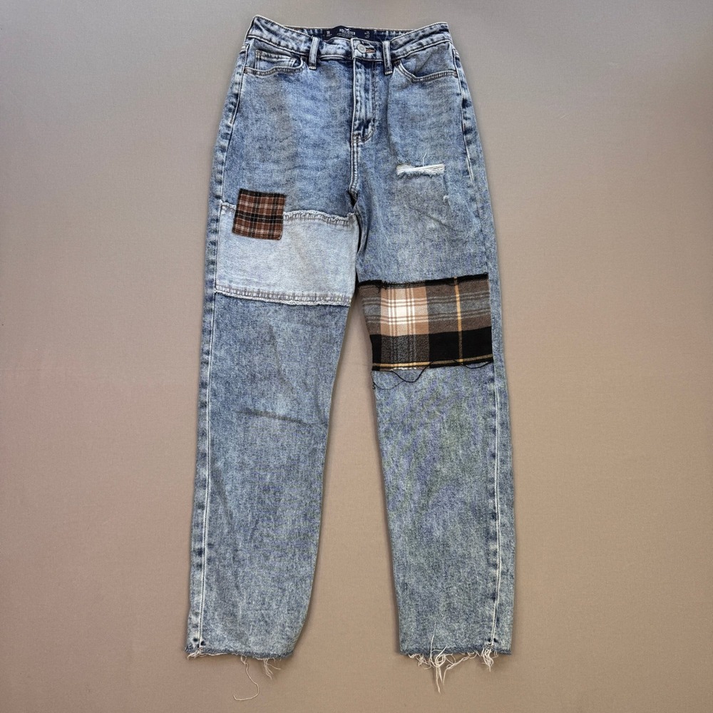 Hollister Ultra High-Rise Mom Jeans Patchwork Plaid Acid Wash Size 1R W25 L27